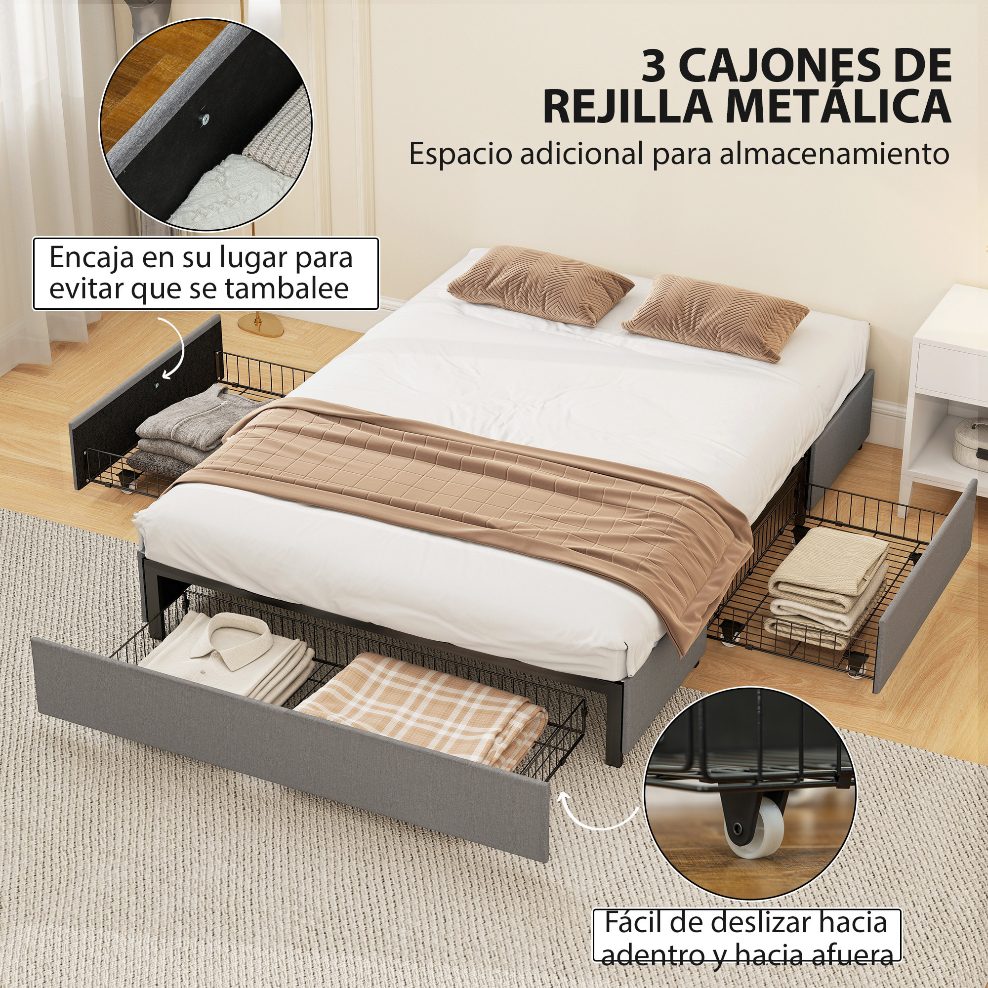 Cama Doble 140x190 cm Estructura de Cama Somier con 3 Cajones y Estructura de Metal Carga 363 kg Gris
