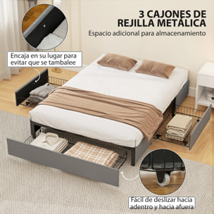 Cama Doble 140x190 cm Estructura de Cama Somier con 3 Cajones y Estructura de Metal Carga 363 kg Gris
