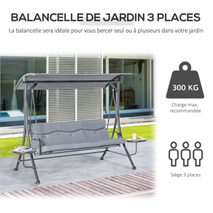 Balancelle de jardin 3 places grand confort toit inclinaison réglable épais coussins amovibles 2 tablettes polyester métal époxy gris