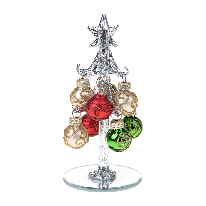 Albero Con Ornamenti In Vetro. Altezza 14 Cm - Pezzi 3 - 6,5X14X6,5cm - Colore: Verde - Bianchi Dino - Articoli Natalizi