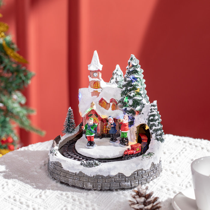 Pueblo Navideño Escena Navideña Iluminado con Luces LED árbol de Navidad Música y Tren Móvil Decoración Navideña sobre Mesa 20x19,5x20 cm Multicolor