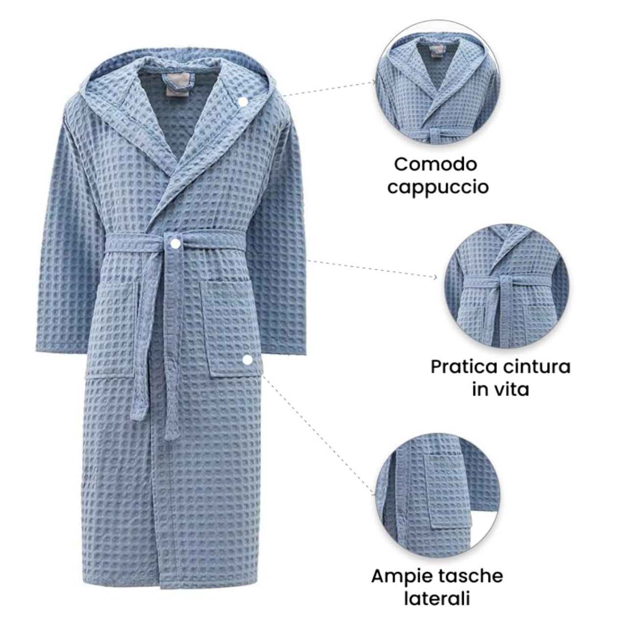 INTRECCI Accappatoio Tinta Unita Nido d’Ape 100% Cotone, Accappatoio Unisex Adulto con Cappuccio e Cinture