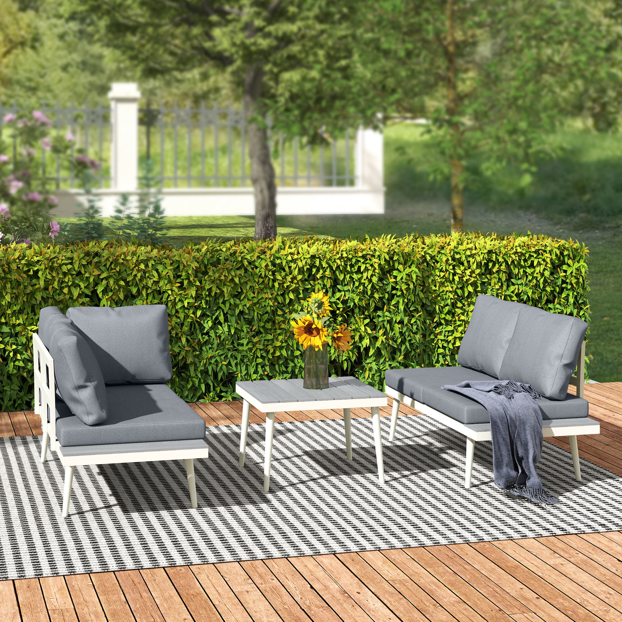 Ensemble salon de jardin modulable 4 personnes 3 pièces design métal crème coussins gris