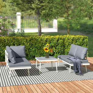 Ensemble salon de jardin modulable 4 personnes 3 pièces design métal crème coussins gris