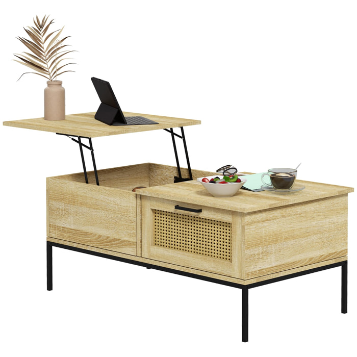 Table basse relevable style bohème chic - 2 tiroirs, compartiment - aspect cannage rotin PVC panneaux aspect bois clair