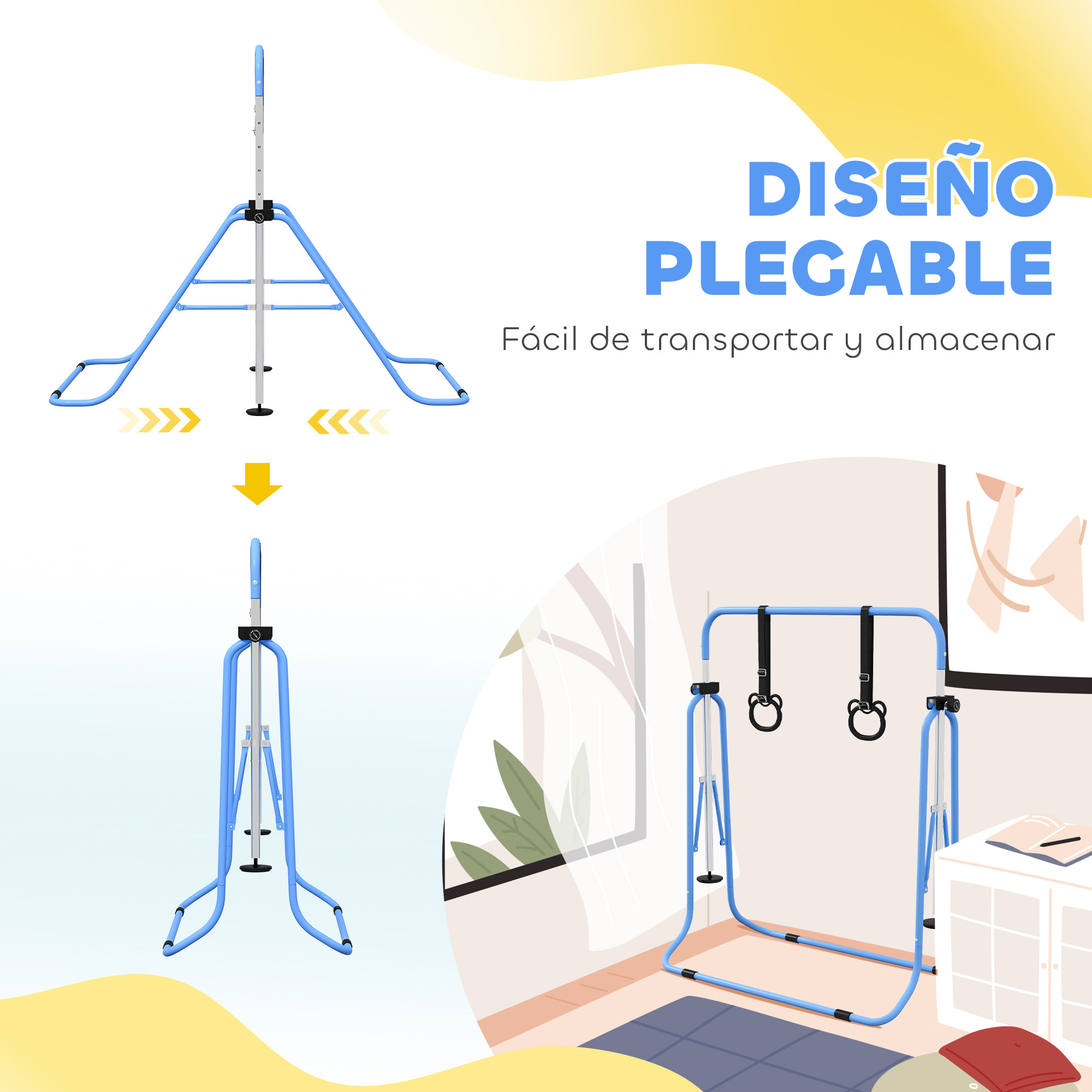 Barra de Gimnasia para Niños con Altura Ajustable en 5 Niveles y Anillos, Barra de Entrenamiento de Gimnasia Plegable en Casa, Azul