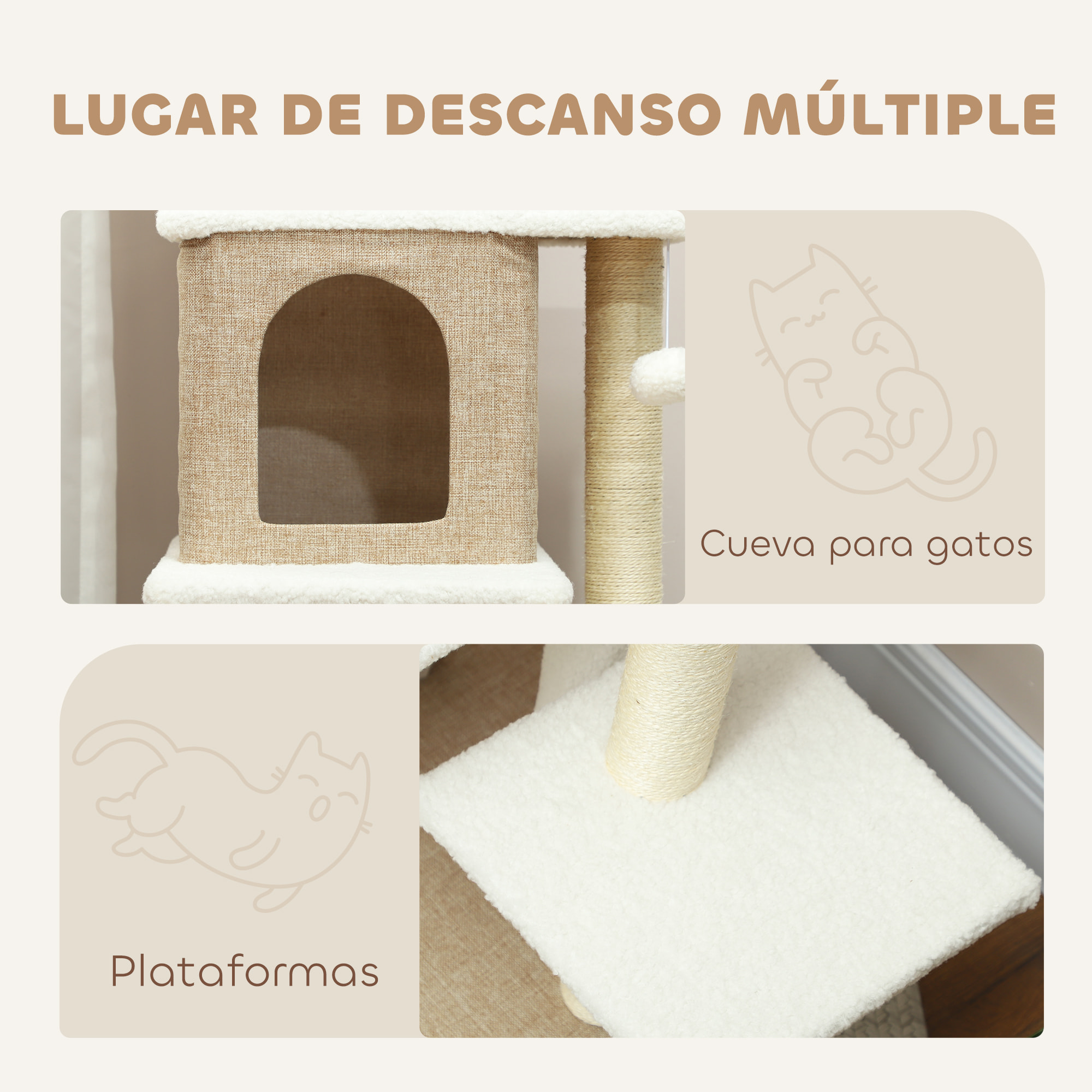 Árbol Rascador para Gatos de Borreguito Altura 140 cm Árbol para Gatos Torre para Gatos con 2 Nidos Plataformas Bolas Colgantes y Poste de Sisal Marrón Claro