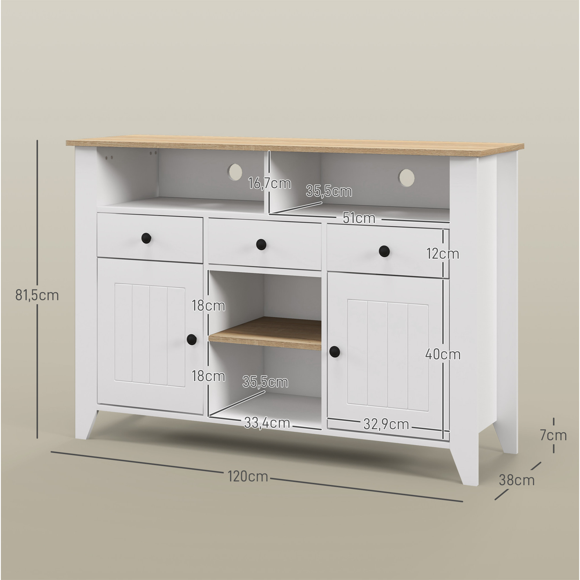 Aparador de Cocina Mesa para Televisores de 50 Pulgadas con 3 Cajones 2 Puertas 2 Estantes Abiertas y 2 Estantes Ajustables Estilo Moderno 120x38x81,5 cm Blanco