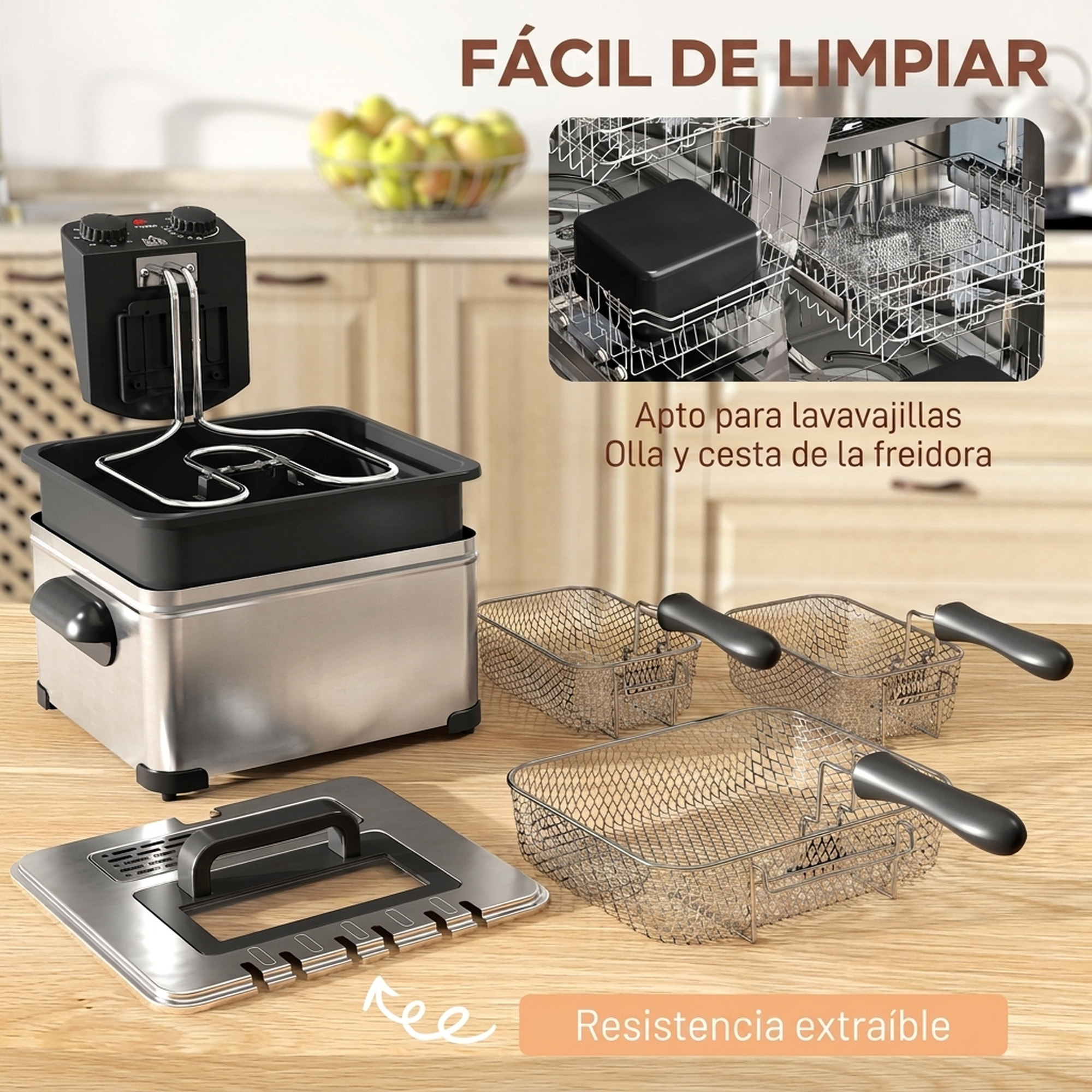 Freidora 5L 2000W, Temperatura Ajustable hasta 190°C, Contenedor Desmontable, Ventana Visualización, Protección Sobrecalentamiento, Temporizador 60 min, Acero Inoxidable, Apta para Lavavajillas