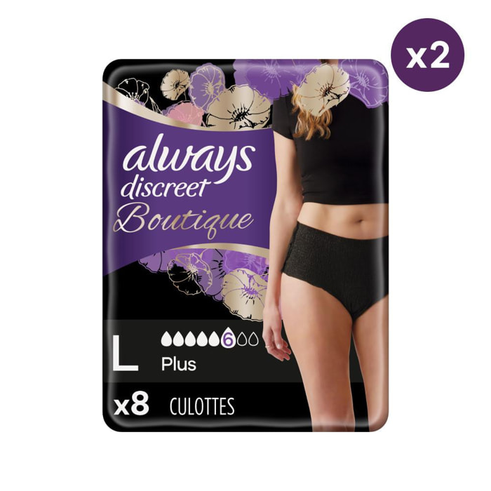 2x8 Culottes pour Fuites Urinaires Always Discreet Boutique - Taille L Basse - Noir