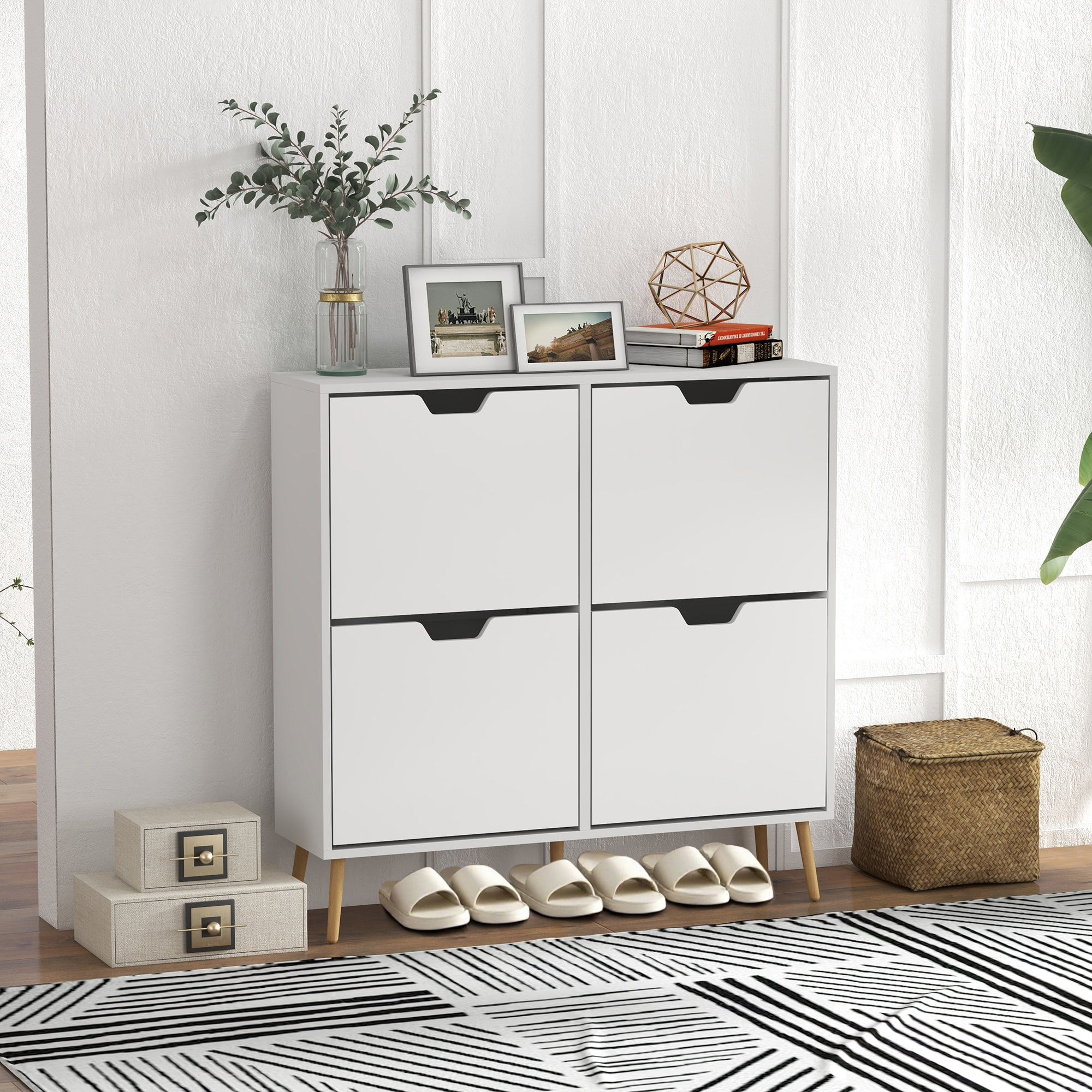 Zapatero Estrecho con 4 Cajones Abatibles, Zapatero Entrada Recibidor con Patas de Madera y Estantes Ajustables, para 16 Pares de Zapatos, para Pasillo, 95x26x95 cm, Blanco