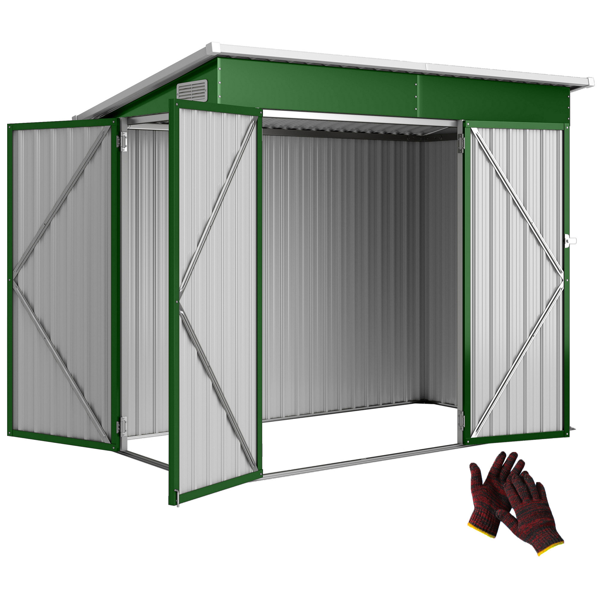 Caseta de Jardín Exterior 2,7 m², 234x132x185 cm, Cobertizo de Jardín Exterior Metálico con Triple Puerta, Cerradura, Techo Inclinado y Ventilación para Almacenamiento de Herramientas, Verde