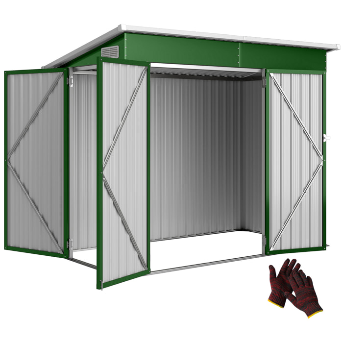 Caseta de Jardín Exterior 2,7 m², 234x132x185 cm, Cobertizo de Jardín Exterior Metálico con Triple Puerta, Cerradura, Techo Inclinado y Ventilación para Almacenamiento de Herramientas, Verde
