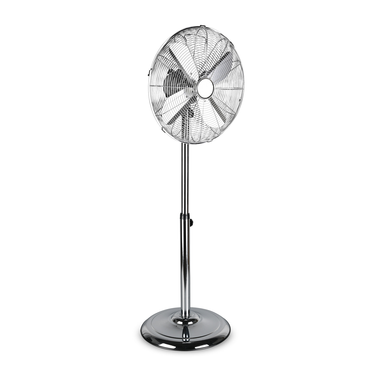 Ystadt - Ventilatore a piantana in metallo cromato Ø45. Ventilatore da terra con corpo oscillante ed inclinabile