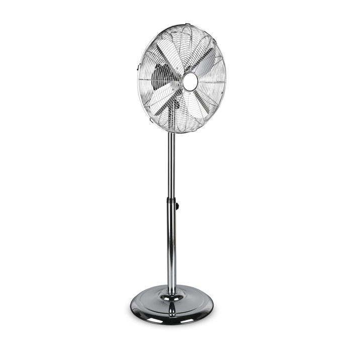 Ystadt - Ventilatore a piantana in metallo cromato Ø45. Ventilatore da terra con corpo oscillante ed inclinabile