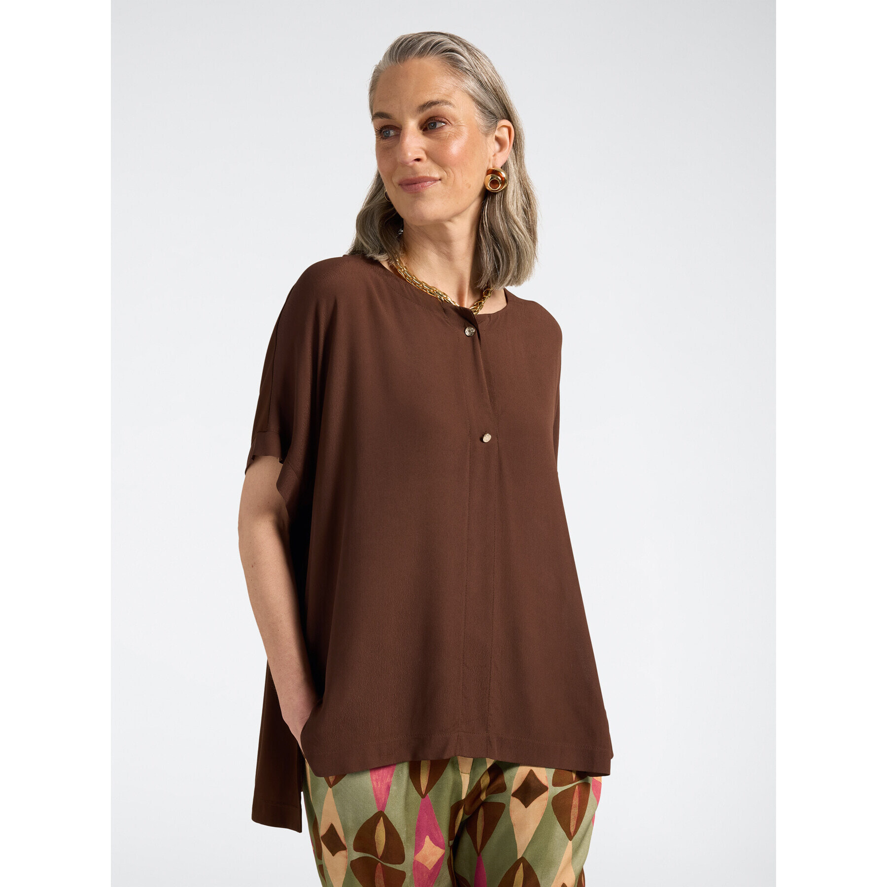 Elena Mirò - T-shirt maniche kimono con bottoni gioiello - Marrone