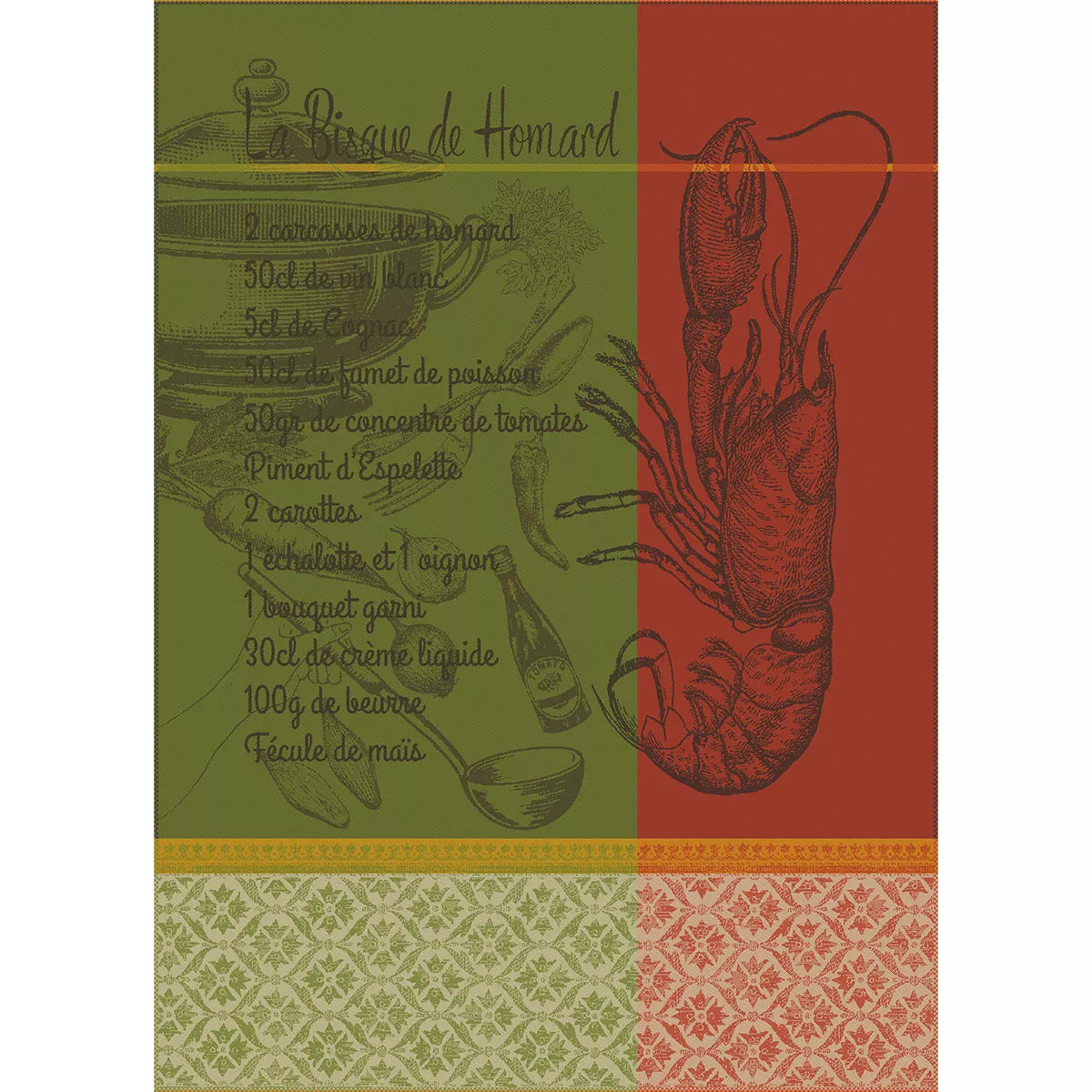 Torchon pur coton motif jacquard vert rouge Bisque de homard mousse