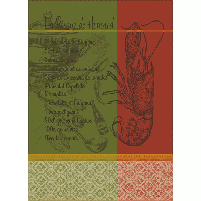 Torchon pur coton motif jacquard vert rouge Bisque de homard mousse