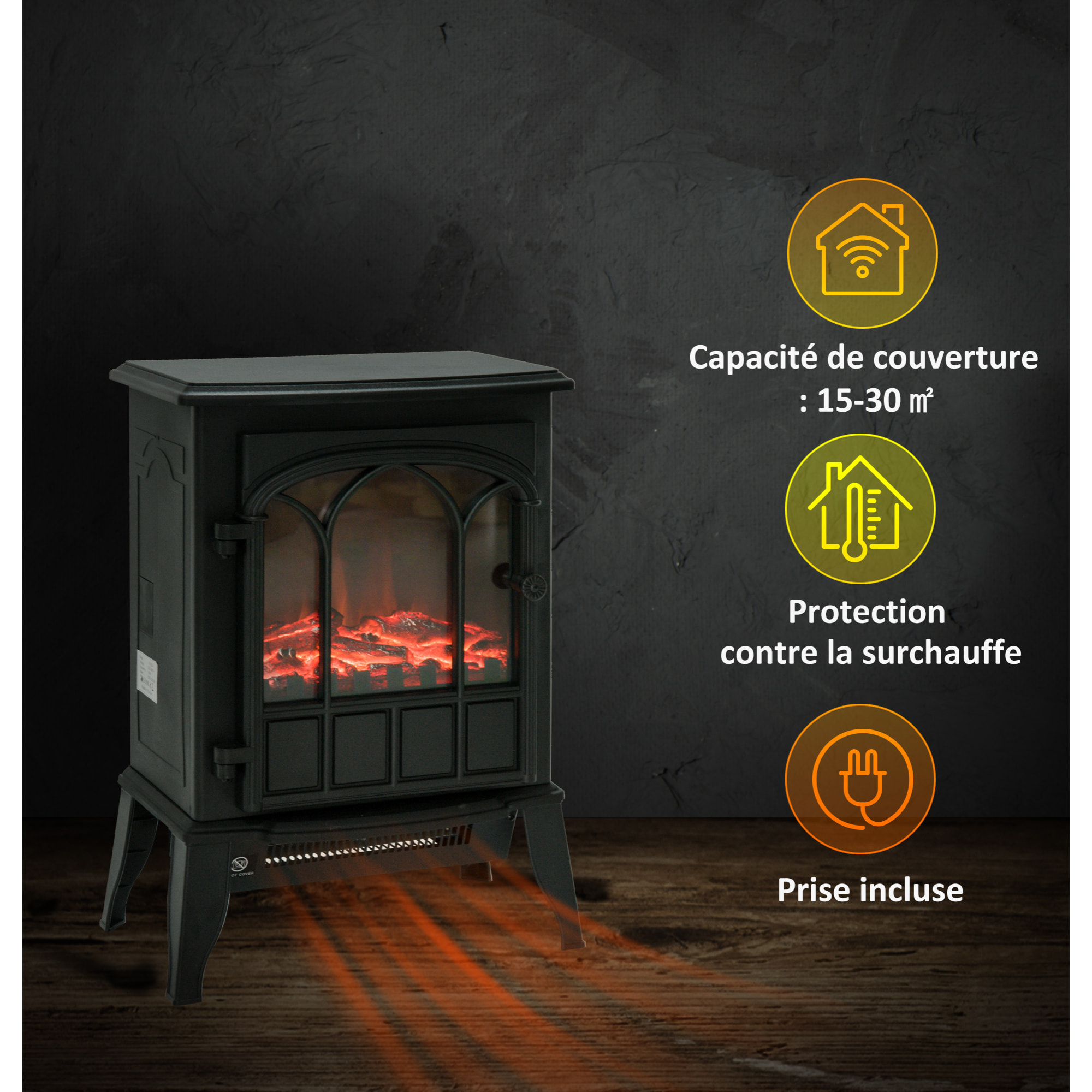 Cheminée électrique poêle style rétro 1000-2000 W simulation flammes LED porte noir