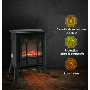 Cheminée électrique poêle style rétro 1000-2000 W simulation flammes LED porte noir