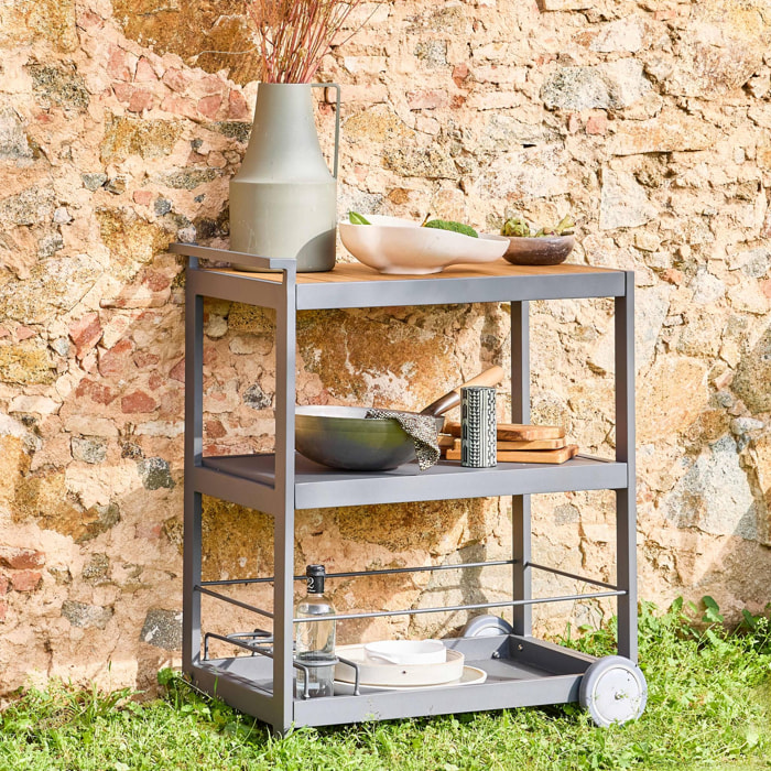 Desserte extérieure 84 cm en aluminium avec roues et poignée ALBI. Aluminium et polywood. anthracite. L 84 x P 56 x H 96 cm