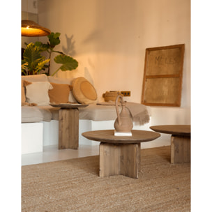 Table basse ronde en bois massif ton chêne foncé en différentes tailles
