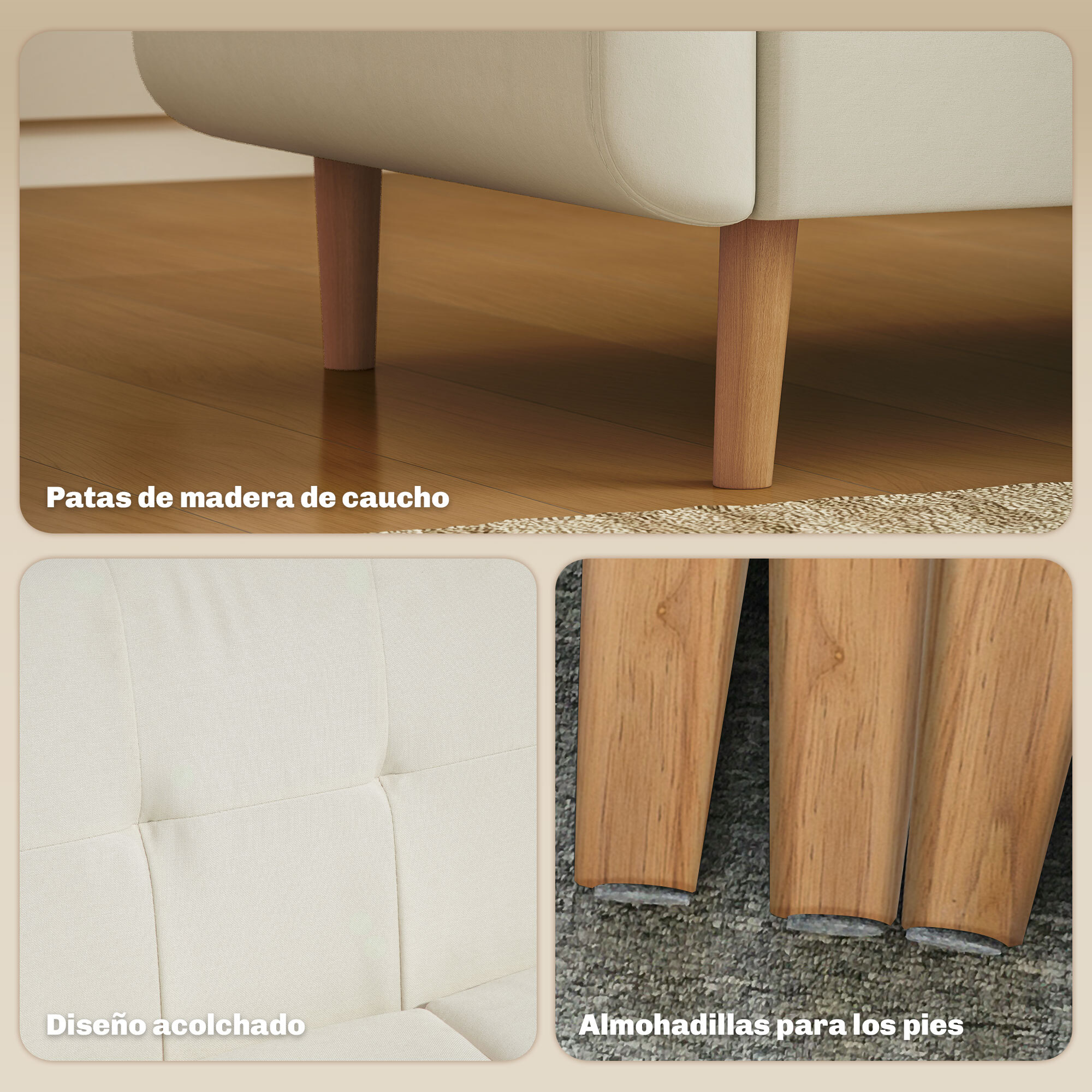 Sofá de 2 Plazas Sofá Tapizado en Lino Sintético Sofá de Salón con Reposabrazos y Patas de Madera Sofá Pequeño Carga 250 kg para Dormitorio Oficina Crema