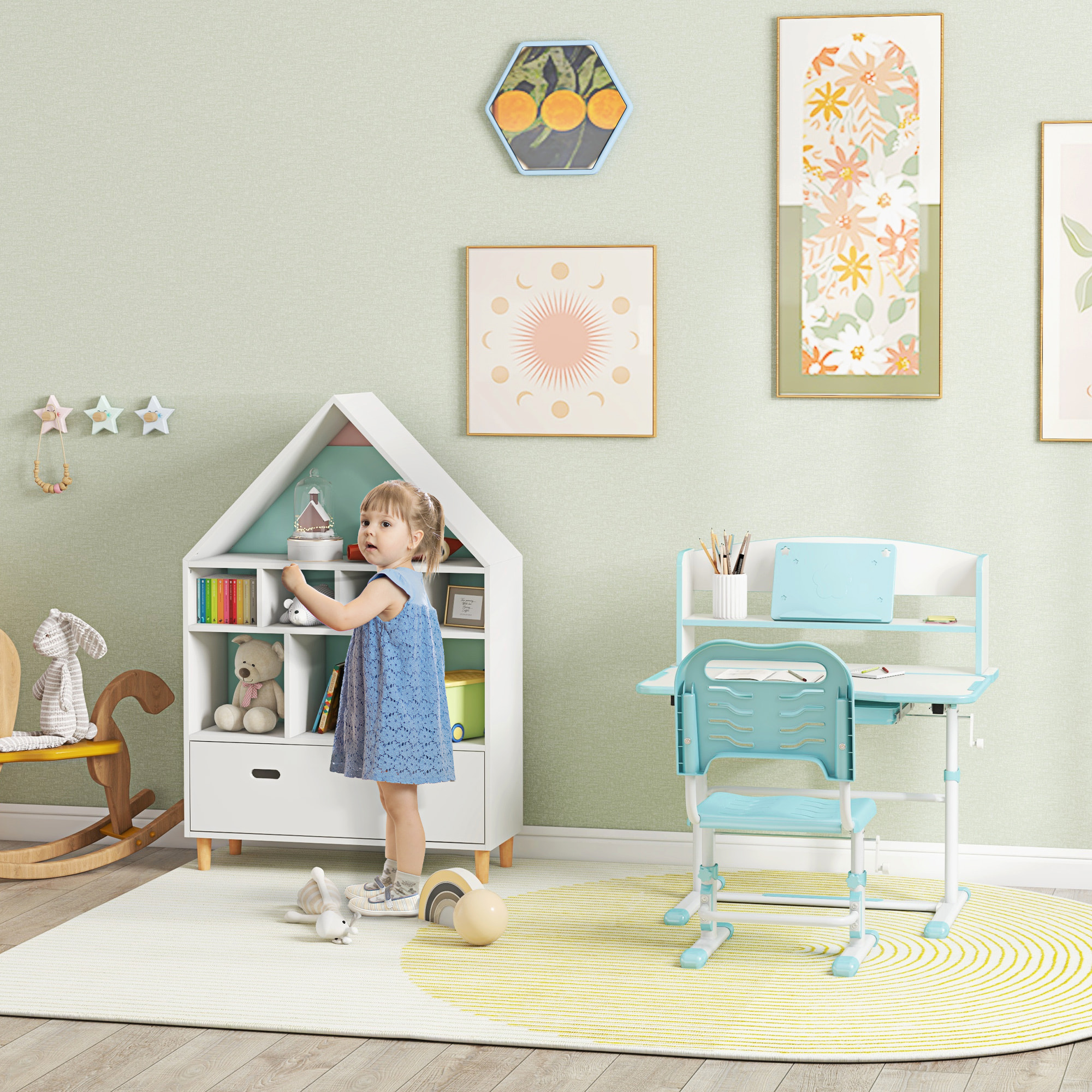 Conjunto para Niños Incluye 1 Juego de Escritorio y Silla para Niños Altura Ajustable y 1 Estantería Infantil con 8 Compartimentos Abiertos Azul y Blanco