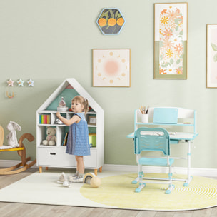 Conjunto para Niños Incluye 1 Juego de Escritorio y Silla para Niños Altura Ajustable y 1 Estantería Infantil con 8 Compartimentos Abiertos Azul y Blanco