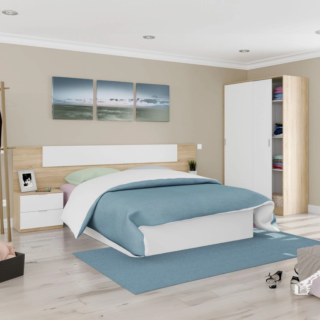 Cabecero para cama de 135-150 cm y 2 mesitas con cajones en blanco artik y roble canadian Luca Blanco Artik (Blanco Mate) - Roble Canadian