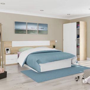 Cabecero para cama de 135-150 cm y 2 mesitas con cajones en blanco artik y roble canadian Luca Blanco Artik (Blanco Mate) - Roble Canadian