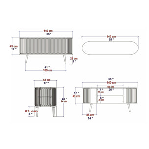 Mobile porta TV Desteve, Credenza da soggiorno, Armadio basso per TV, Base parete attrezzata, 140x43h64 cm, Quercia e Bianco