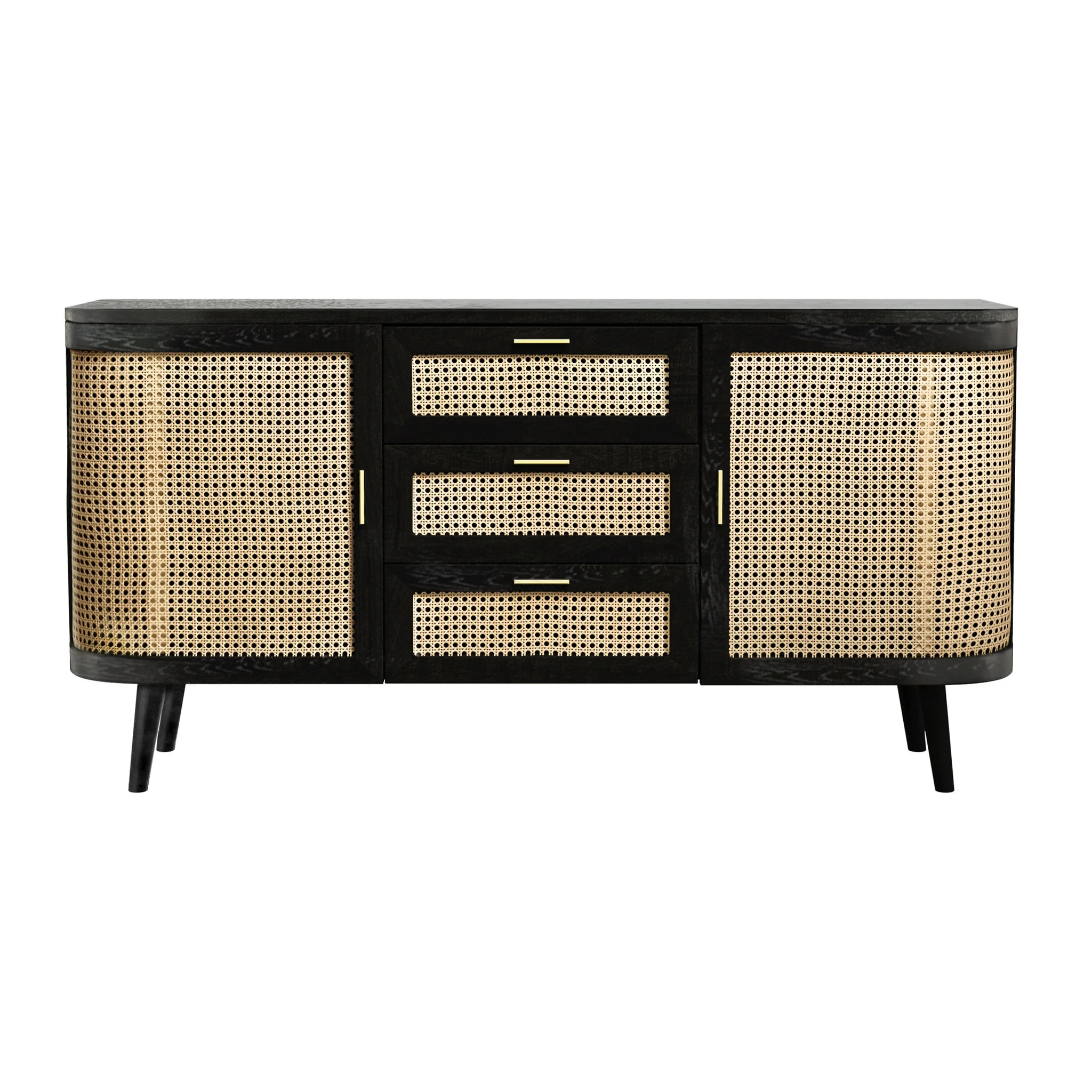 Buffet noir 2 portes 3 tiroirs en bois de manguier et cannage - Wendy