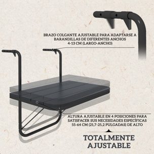 Mesa Colgante de Balcón, Mesa Plegable para Balcón de Aluminio para Barandilla, con Altura Ajustable en 4 Niveles, Adaptable a 4 Anchos, Carga 25 kg, para Jardín, 60x40x55-64 cm, Negro