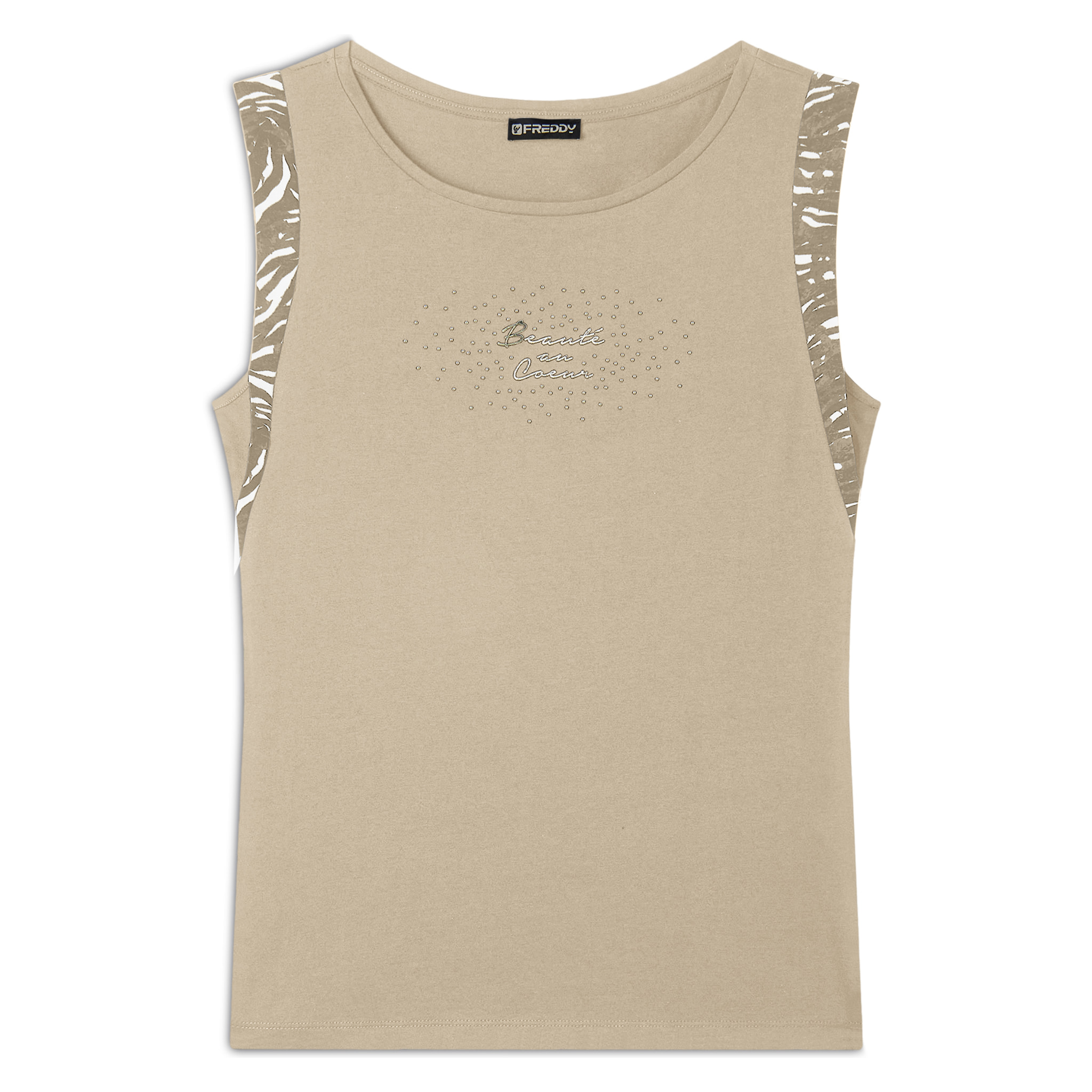 T-shirt senza maniche con dettagli dorati e animalier