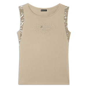 T-shirt senza maniche con dettagli dorati e animalier
