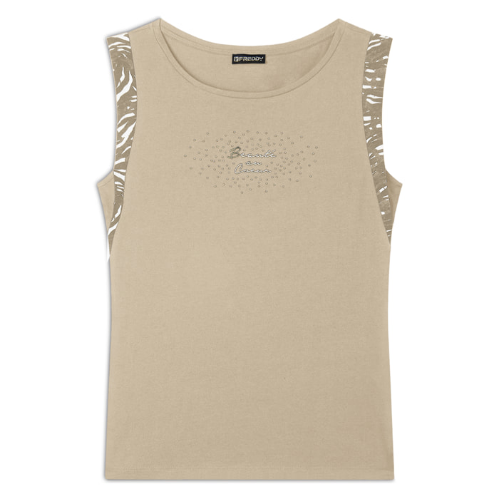 T-shirt senza maniche con dettagli dorati e animalier