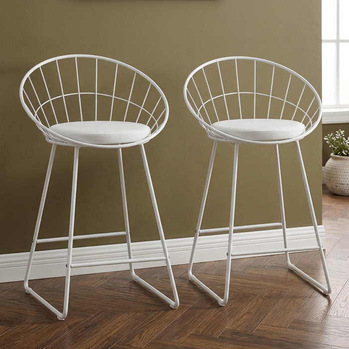 Lot de 2 tabourets de bar 65cm en métal blanc et coussin blanc ALEX