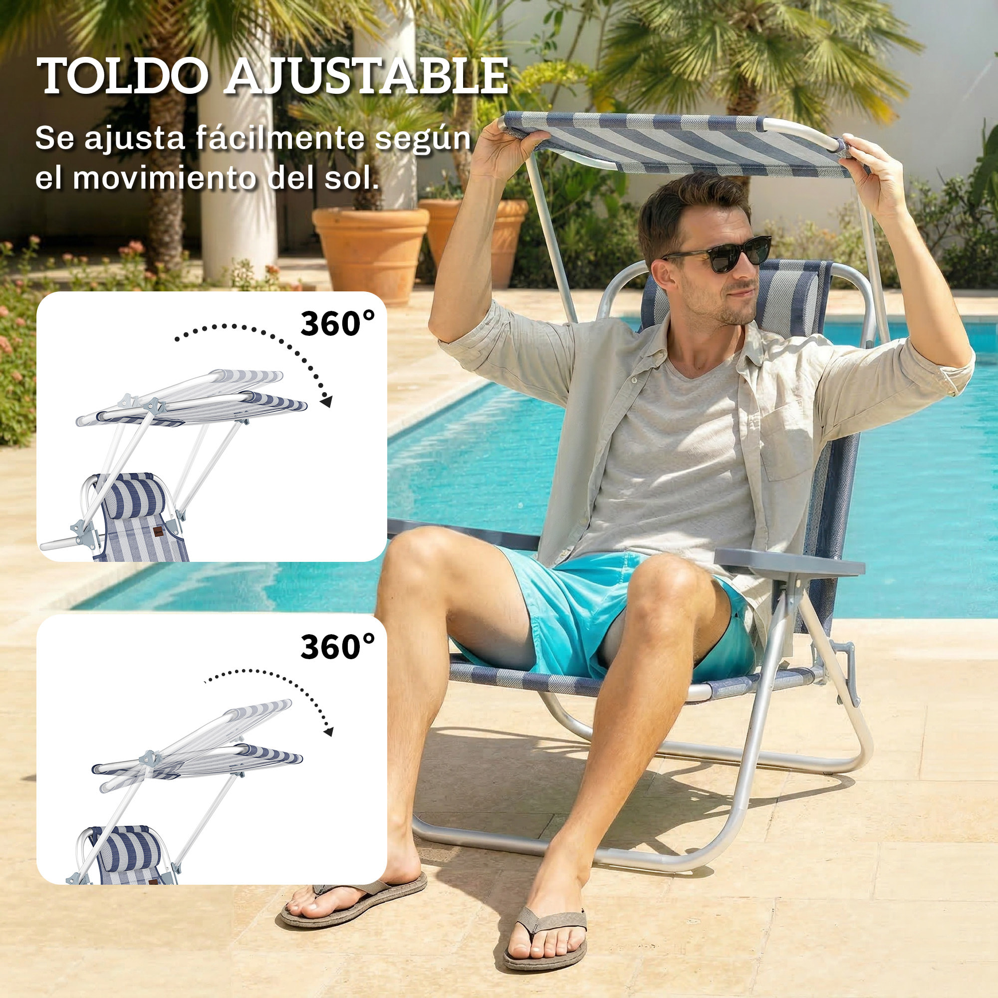 Pack de 2 Sillas de Playa Plegables con Dosel Ajustable, Respaldo Reclinable en 6 Posiciones y Reposacabezas, Sillas Bajas Portátiles con Brazos Carga 120kg para Acampada Jardín Azul y Blanco