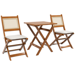 Ensemble bistro de jardin style exotique 2 places 3 pcs pliables bois acacia résine aspect rotin coussins blanc inclus