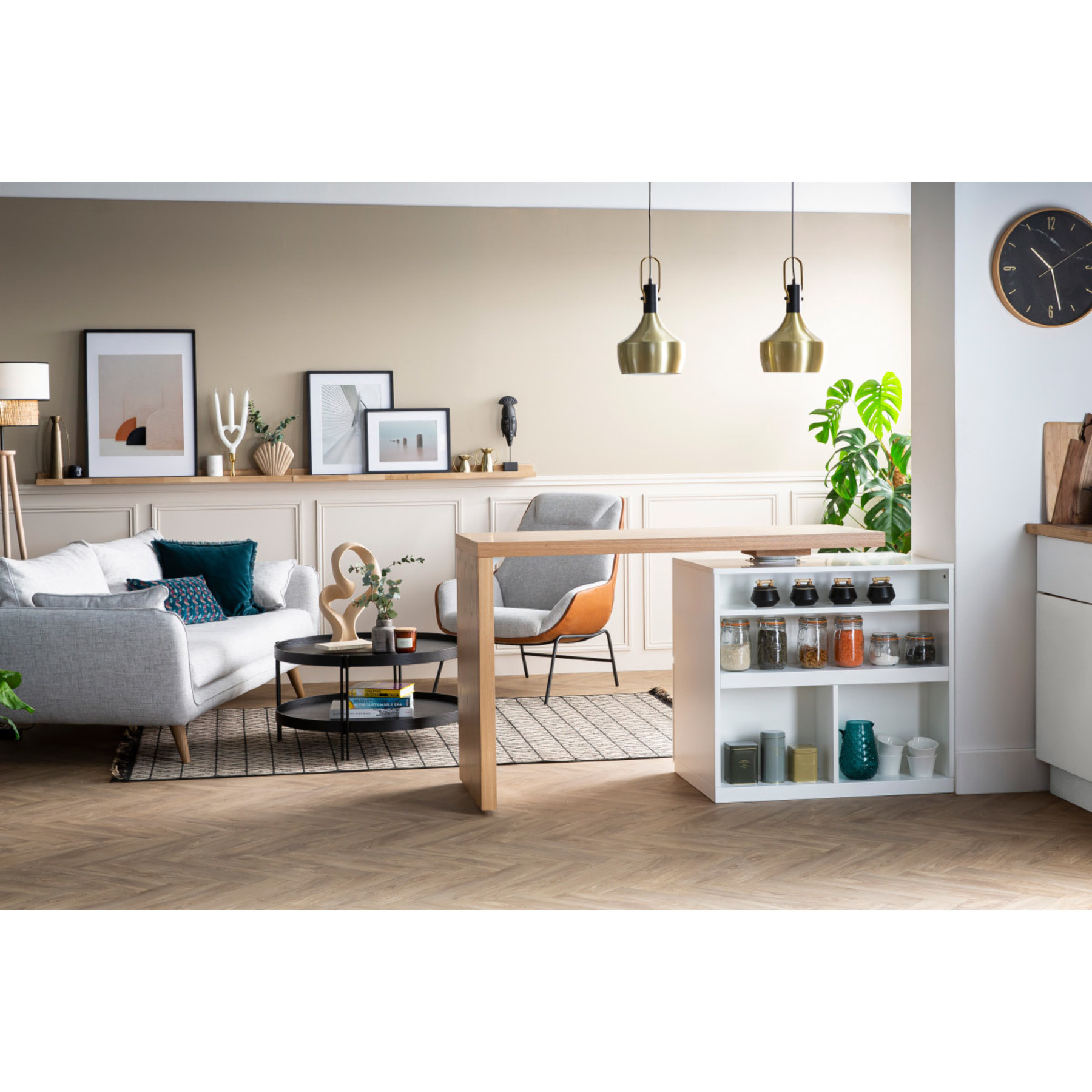 îlot - table de bar modulable avec rangement blanc mat et bois clair chêne L140-177 cm MAX