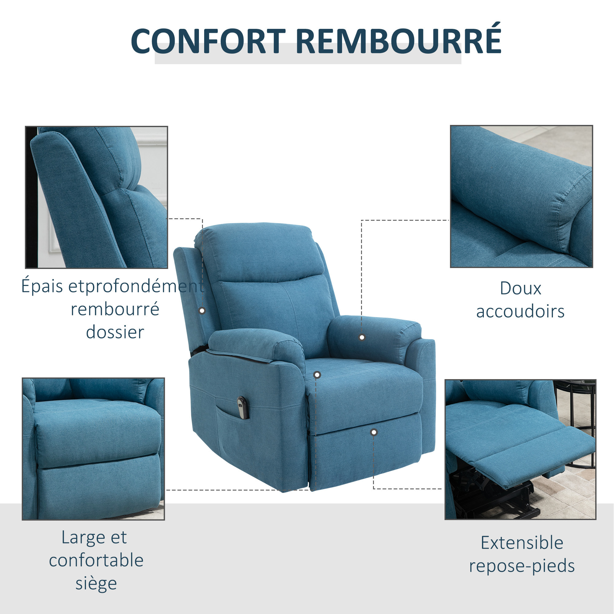 Fauteuil de relaxation électrique - fauteuil releveur inclinable avec repose-pied ajustable et télécommande - tissu aspect lin bleu