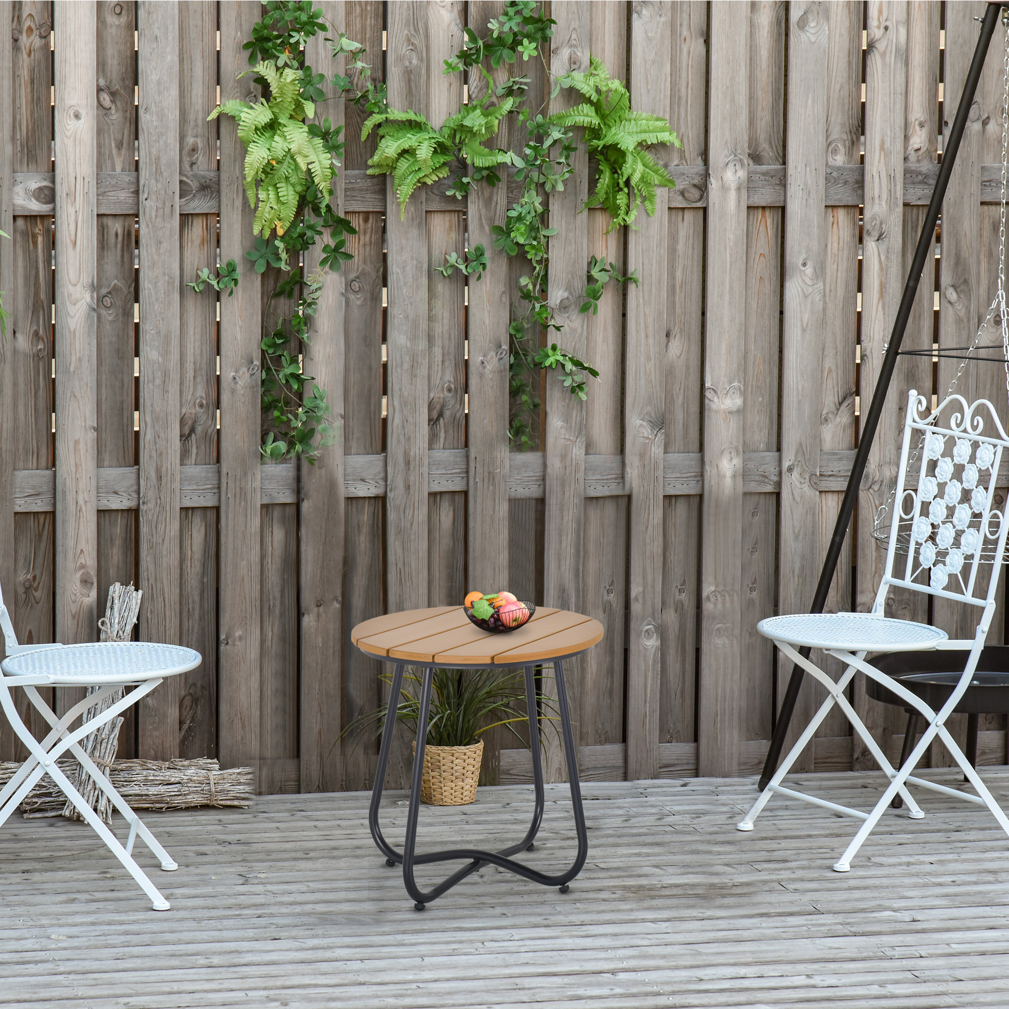 Mesa Auxiliar Redonda Mesa de Jardín Exterior con Diseño de Listones y Patas Ajustables Mesa para Exterior Terraza Patio Ø49x48 cm Natural y Negro