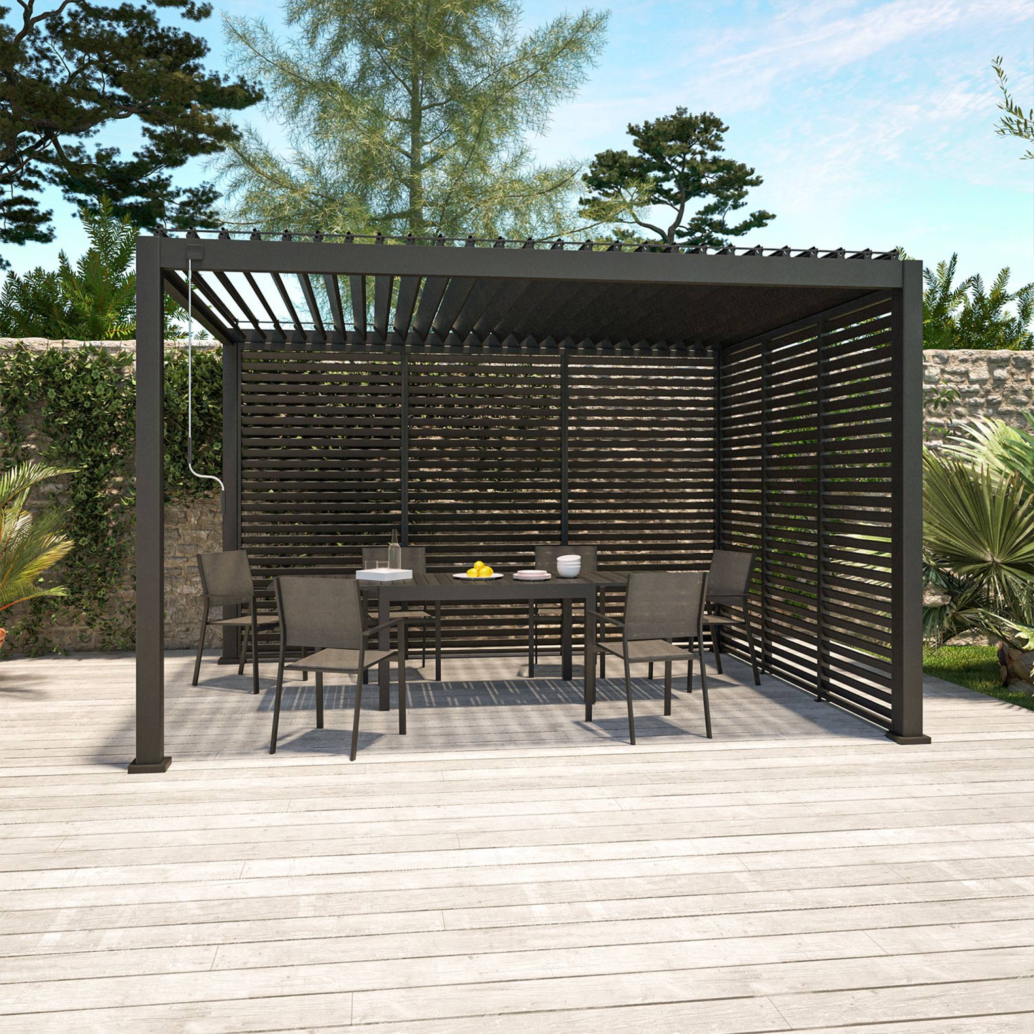 Pergola bioclimatique Triomphe 3x4 + 3 persiennes 100cm pour le côté de 3m. panneau brise vue. L 400 x P 300 x H 250 cm