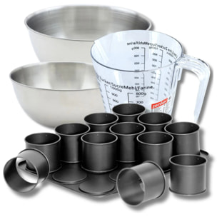 Set pâtisserie avec plaque à 12 mini moules ronds 38 x 30 cm en acier, 2 bols à mixer, verre mesureur et spatule Zenker