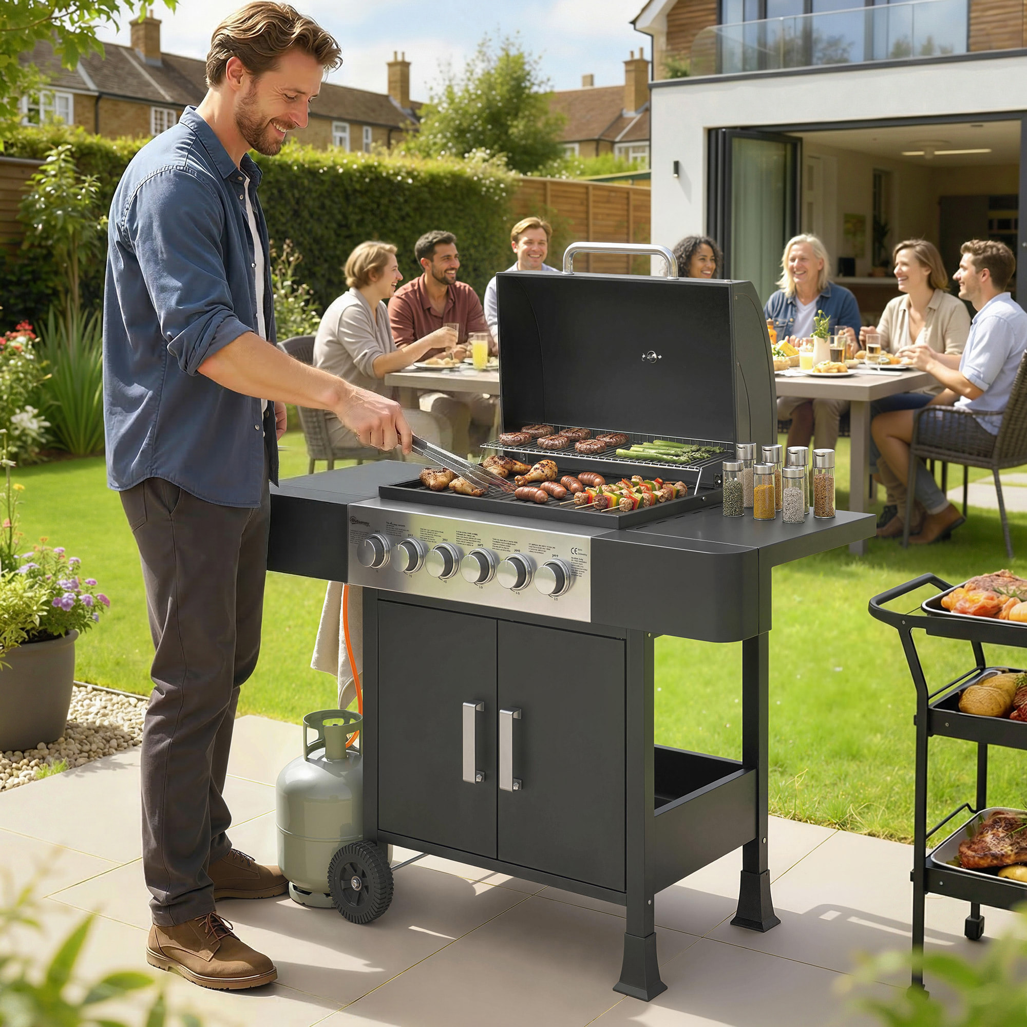 Barbacoa de Gas BBQ Gas con 6 Quemadores 15 kW Barbacoa Portátil con Termómetro Tapa 2 Mesas Laterales Armario Rejilla Calentadora Parrilla Recogedor Grasa Asa 2 Ruedas Negro
