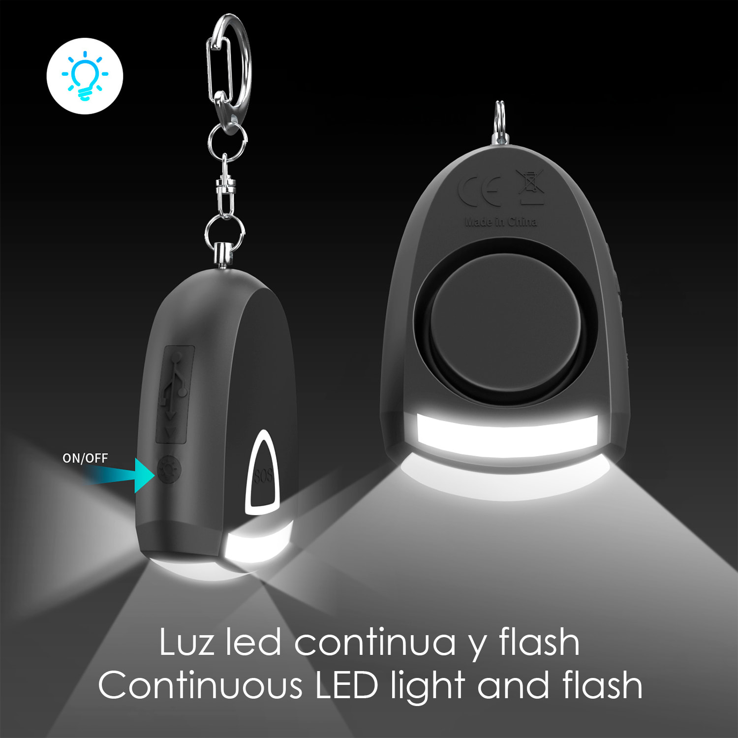 Allarme SOS personale con LED brillante e suono di 130 dB. Batteria ricaricabile e attivazione rapida tirando l'anello.