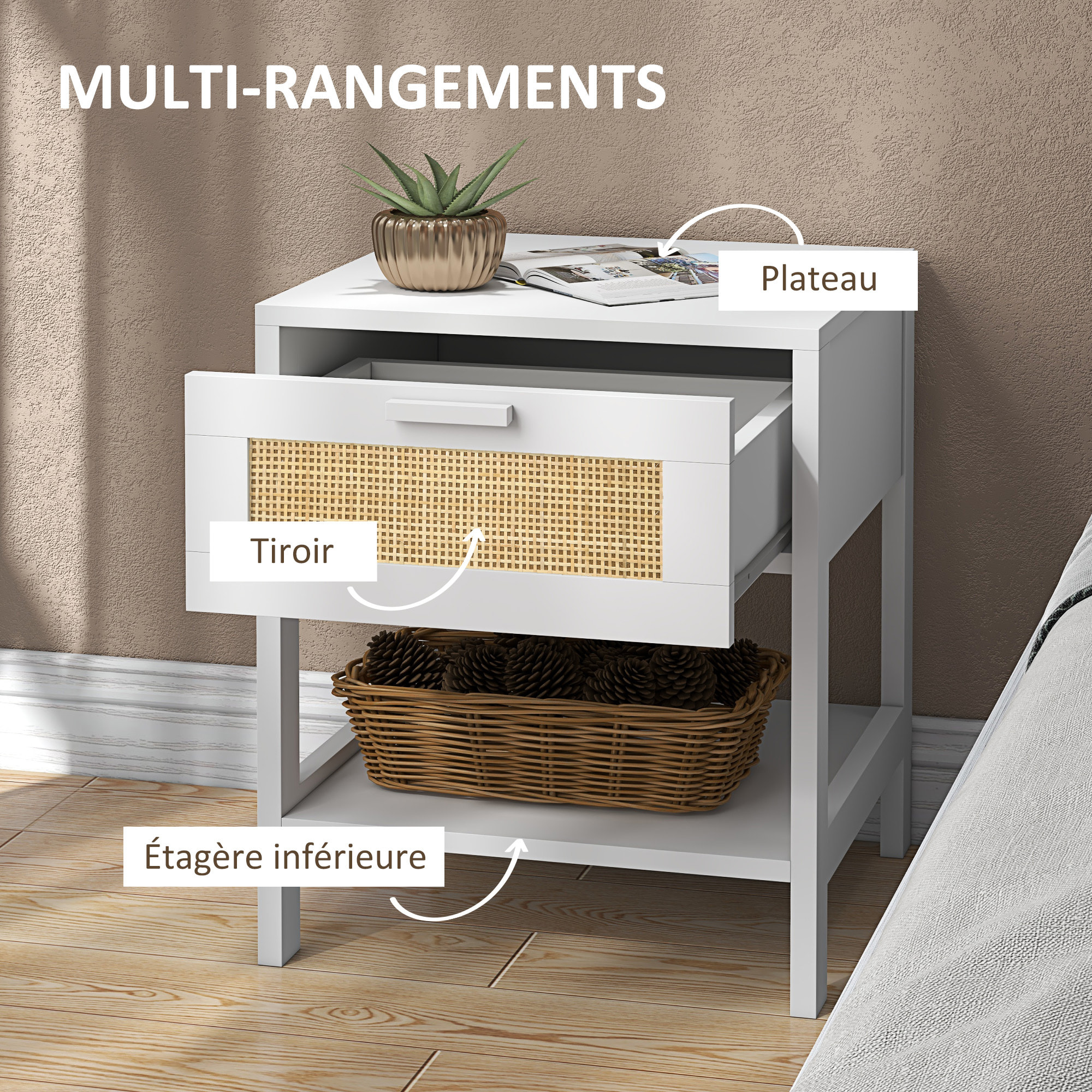 Table de chevet tiroir et étagère cannage en rotin dim. 40L x 40l x 48H cm MDF aspect bois blanc