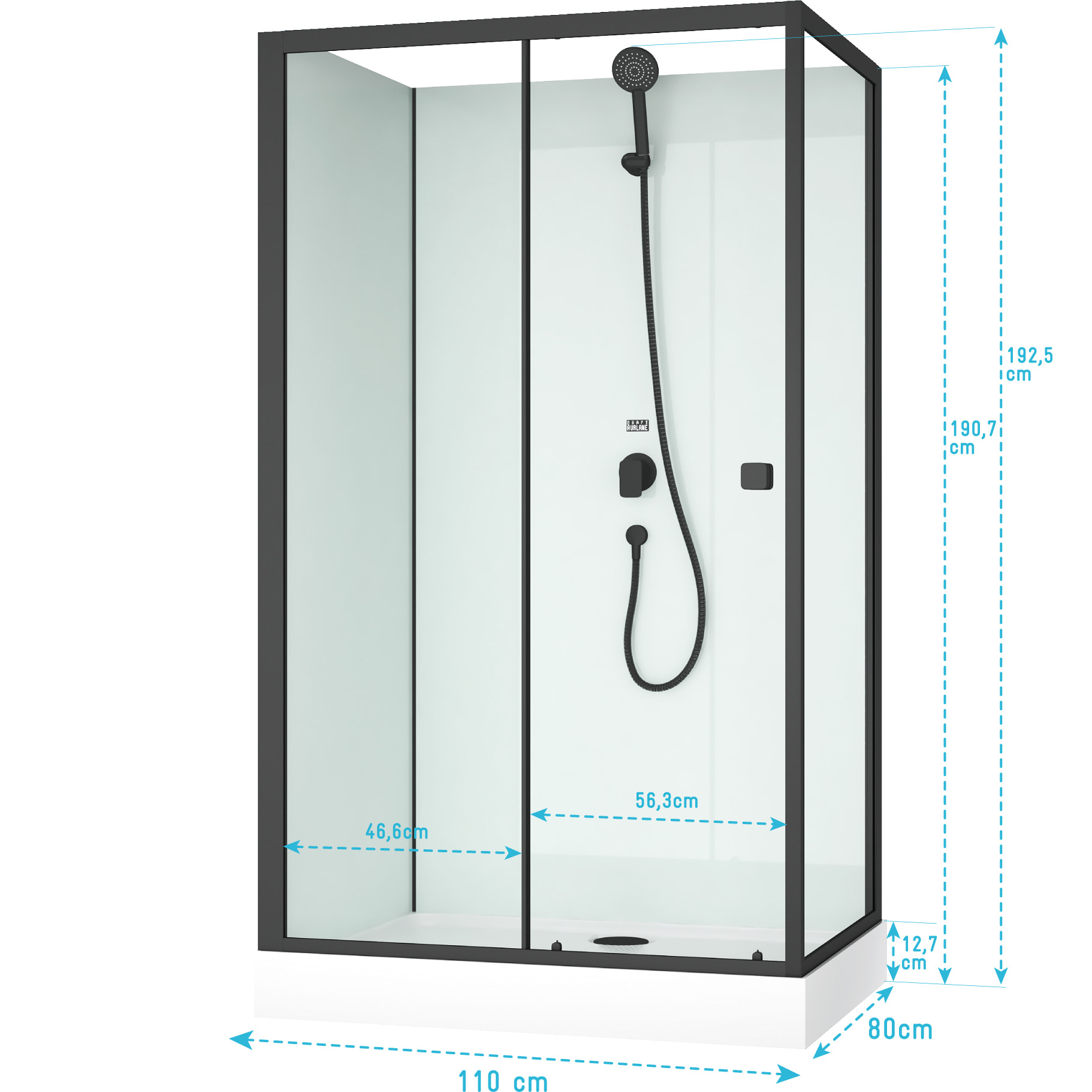 Cabine de douche rectangulaire 110x80x197 cm - Porte coulissante - Fonds Blancs & Profilés Noir Mat