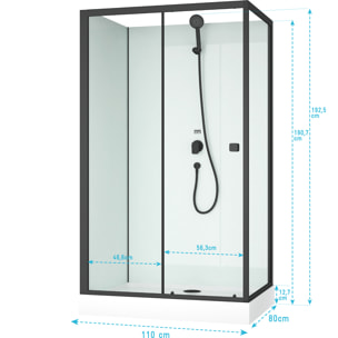 Cabine de douche rectangulaire 110x80x197 cm - Porte coulissante - Fonds Blancs & Profilés Noir Mat